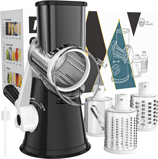 Rotary Cheese Grater Hand Crank Cheese Shredder for Fresh Cheese, Vegetable, Nuts,Non-Slip Suction Base, Free Cleaning Brush Three Blades, Black